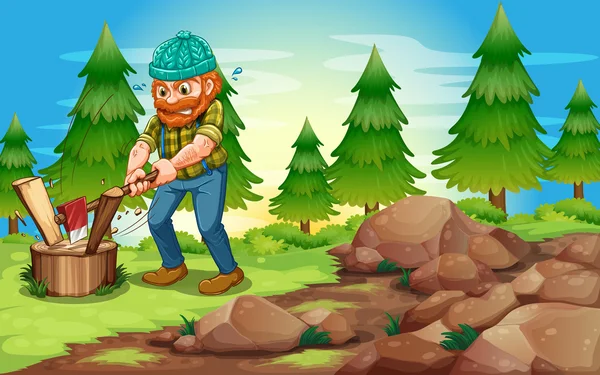 Un leñador cortando el bosque cerca de las rocas — Vector de stock