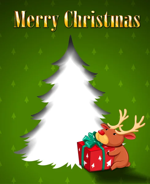A green christmas card with a reindeer hugging a gift — Stock Vector