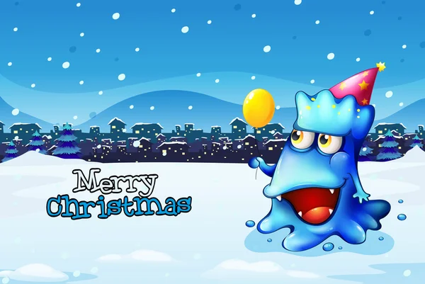 Una plantilla de tarjeta de Navidad con un monstruo azul feliz — Vector de stock