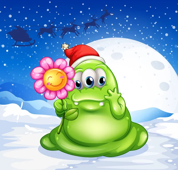 A monster in a snowy land holding a flower — Stock Vector