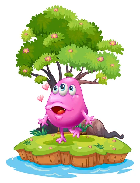 En ö med ett rosa monster nära giant trädet — Stock vektor
