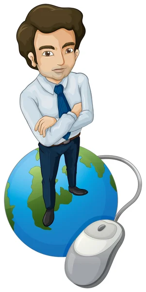 A tall man above the globe with a computer mouse — Stock Vector