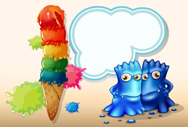 Een gigantische icecream naast de twee blauwe monsters — Stockvector