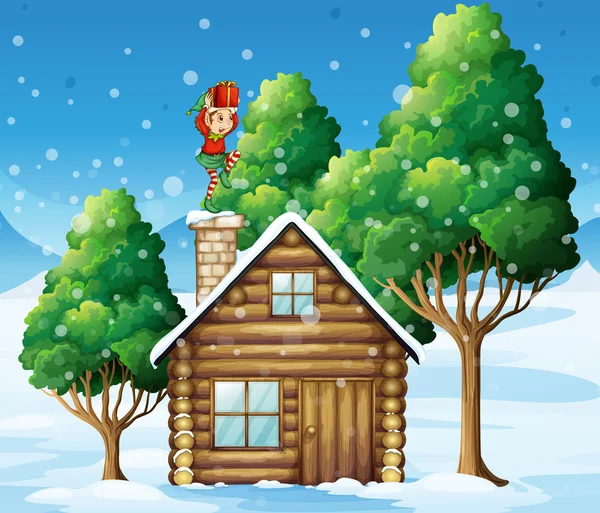 An elf Santa with a gift above his head standing near the roofto — Stock Vector
