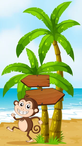 Пляж с обезьяной, играющей возле пальм с кабаном — стоковый вектор