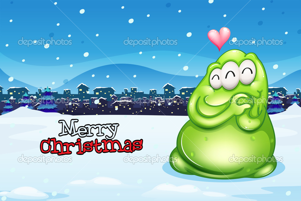 A christmas card with a green monster