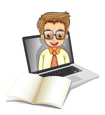 gözlük gülümseyen bir adam ile bir dizüstü bilgisayar