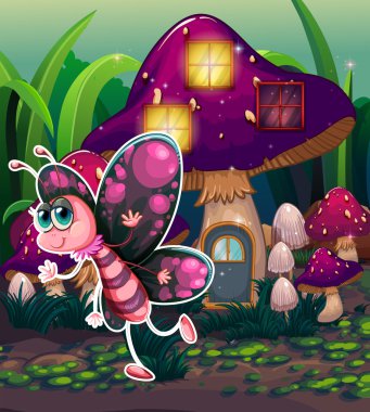 Işıklı mantar evin yanında renkli bir kelebek