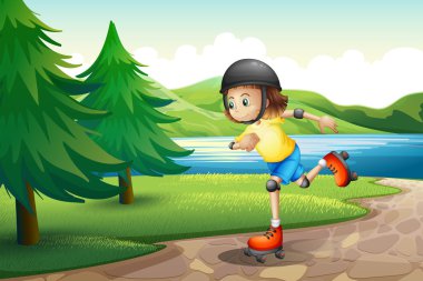 A young girl rollerskating at the riverbank with pine trees clipart