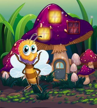 uma casa de cogumelo com uma libélula nas proximidades