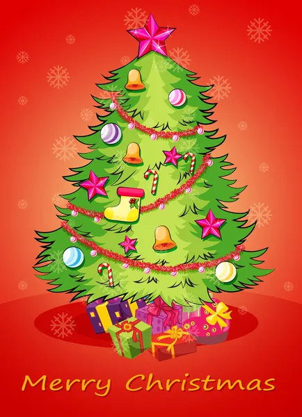 多くの装飾を持つ巨大なクリスマス ツリーのクリスマス カード — ストックベクタ