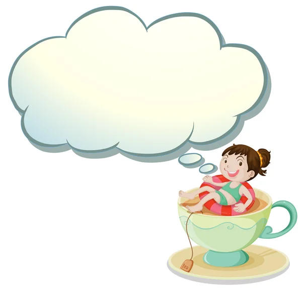A happy girl swimming above the cup with an empty cloud template — Stock Vector