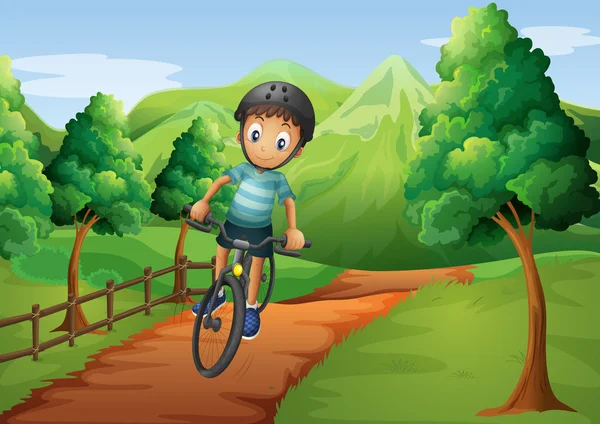 En pojke cykling går till gården — Stock vektor