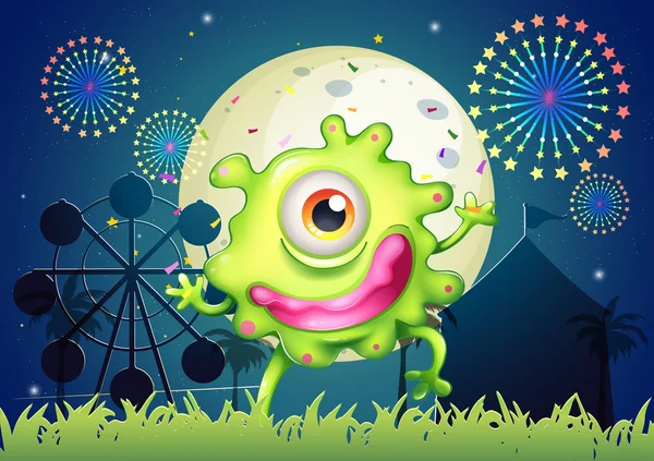 Un monstruo verde de un solo ojo en el parque de atracciones — Vector de stock