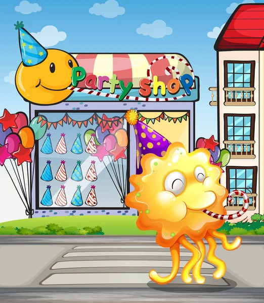 Um monstro laranja feliz na pista de pedestres na frente do pa —  Vetores de Stock