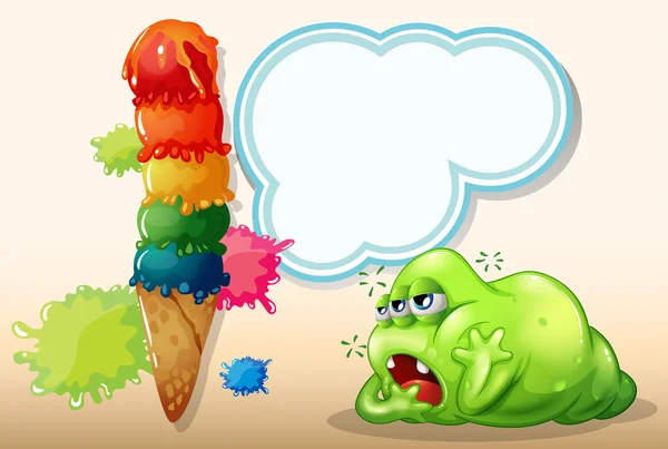 巨大なアイスクリーム近く眠い緑脂肪モンスター — ストックベクタ