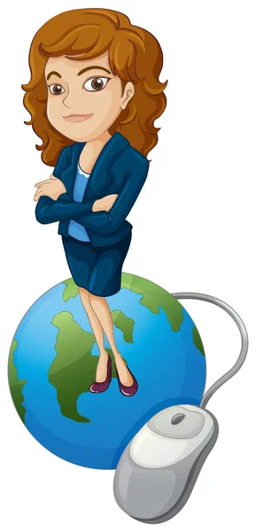 A woman above the globe with a computer mouse — Stock Vector