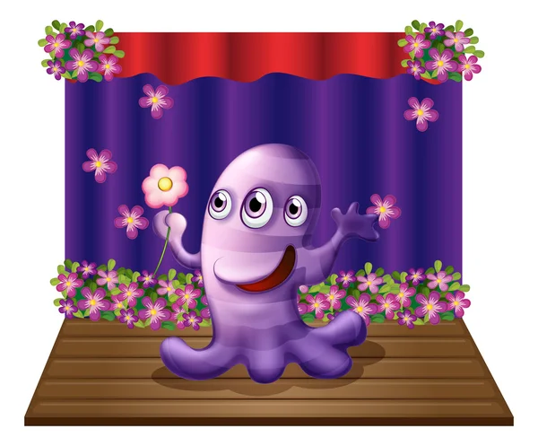 三眼的紫色怪物，在舞台的中心 — 图库矢量图片