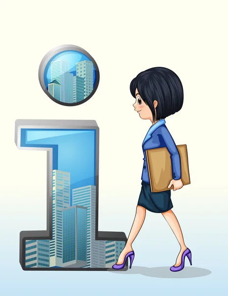 Una dama caminando hacia el símbolo número uno — Vector de stock