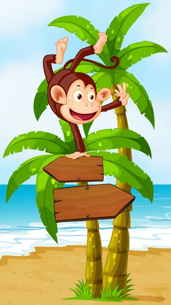 A monkey balancing at the top of the arrowboard at the beach — Stock Vector