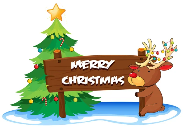 Un reno abrazando el letrero de madera para Navidad — Vector de stock