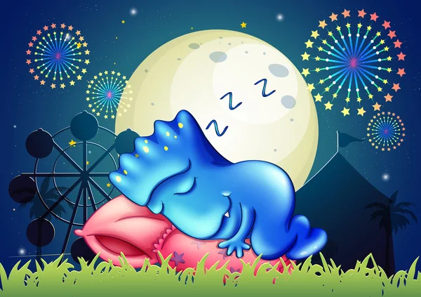 Un monstruo durmiendo encima de la almohada en el parque de atracciones — Vector de stock