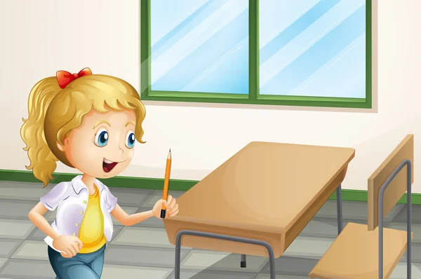 En flicka som håller en penna inne i klassrummet — Stock vektor