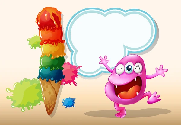 A happy pink beanie monster near the giant icecream — Stock Vector