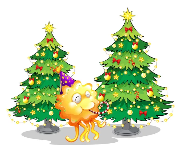 Two christmas trees at the back of a happy monster — Stock Vector