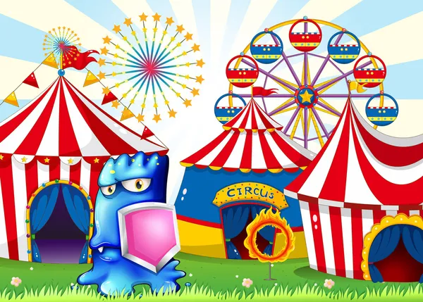 A carnival with a blue monster holding a shield — Stock Vector