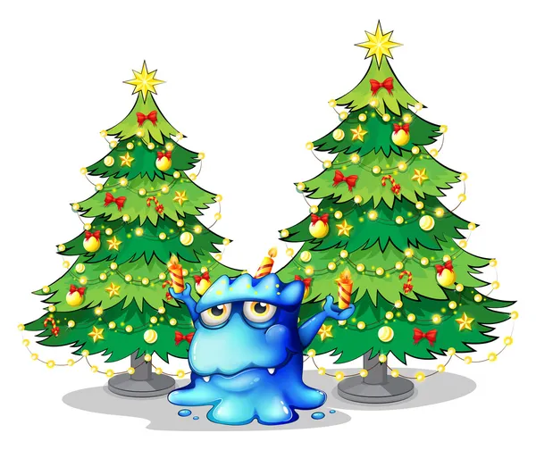 Reus kerstbomen aan de achterkant van het blauwe monster — Stockvector