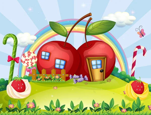 A hilltop with two apple houses and a rainbow — Stock Vector