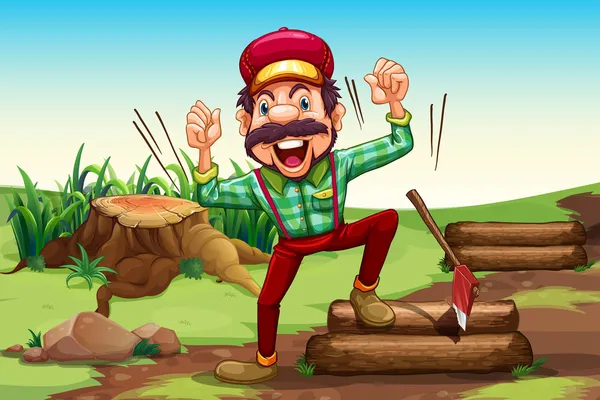 A very happy lumberjack near the stump — Stock Vector