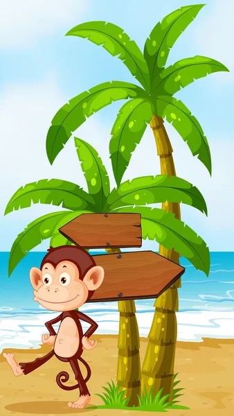 A monkey dancing at the beach with arrowboards — Stock Vector