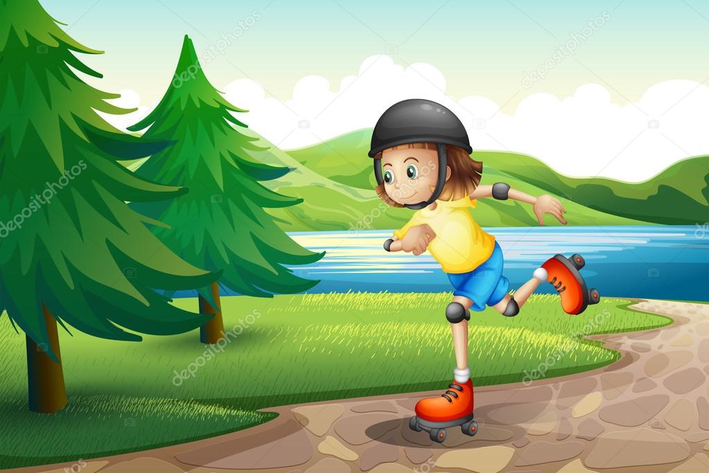 A young girl rollerskating at the riverbank with pine trees