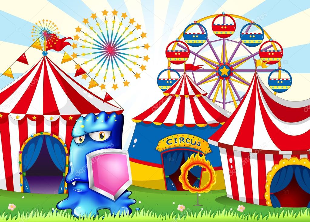 A carnival with a blue monster holding a shield