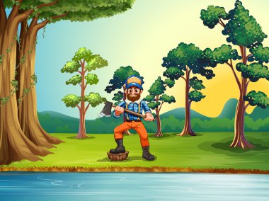 A lumberjack at the riverbank holding an axe clipart