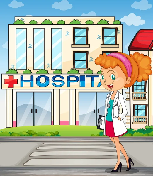 A pretty doctor standing in front of the hospital — Stock Vector