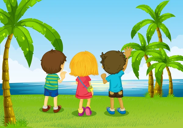 Trois enfants regardent la rivière — Image vectorielle