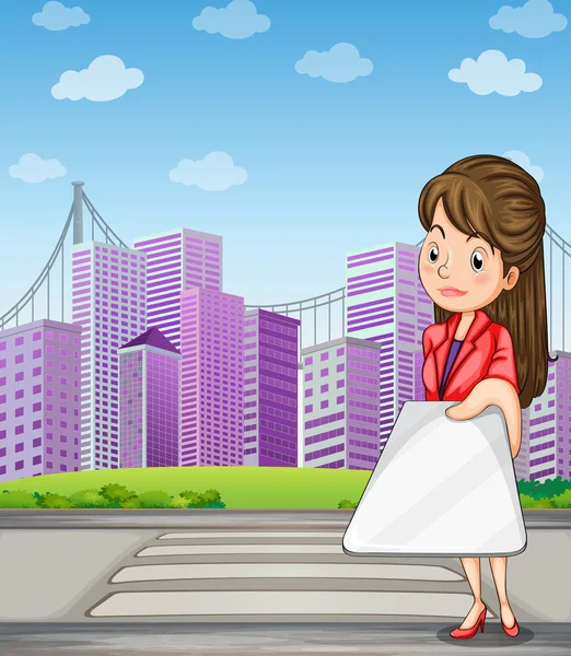 A woman in front of the tall buildings holding a gadget — Stock Vector