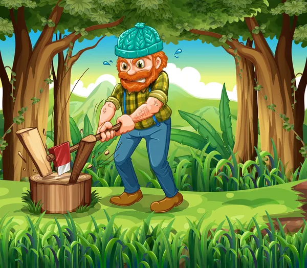 A hardworking woodman at the forest — Stock Vector