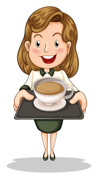 En glad affärskvinna som innehar en bricka med en kopp choklad — Stock vektor