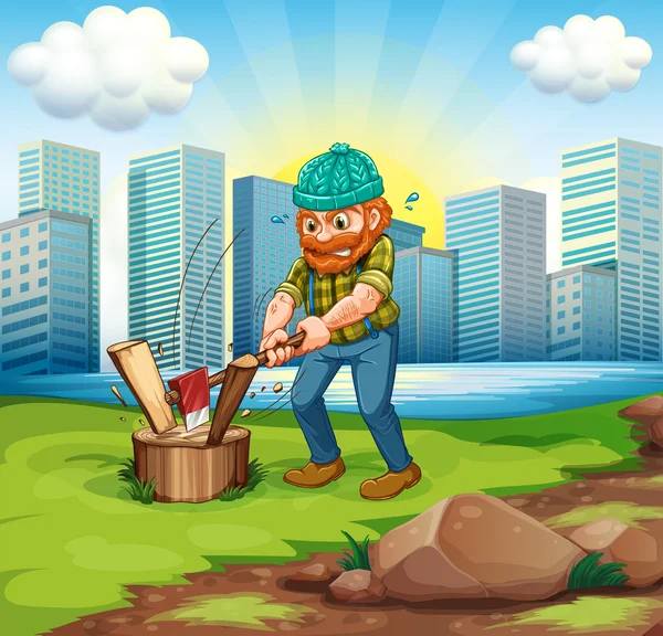 A man chopping woods across the tall buildings — Stock Vector
