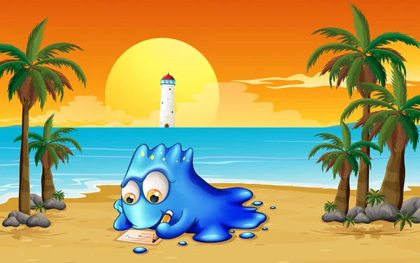 Un monstre bleu écrit à la plage — Image vectorielle