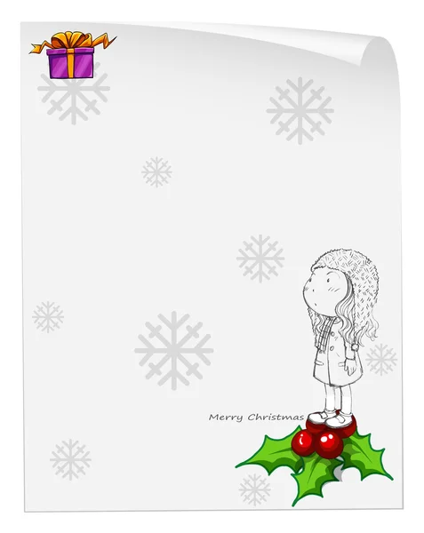 Шаблон рождественской открытки с молодой девушкой над пуансеттией — стоковый вектор