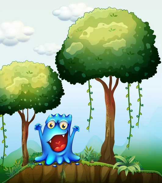 A smiling blue monster at the forest near the cliff — ストックベクタ