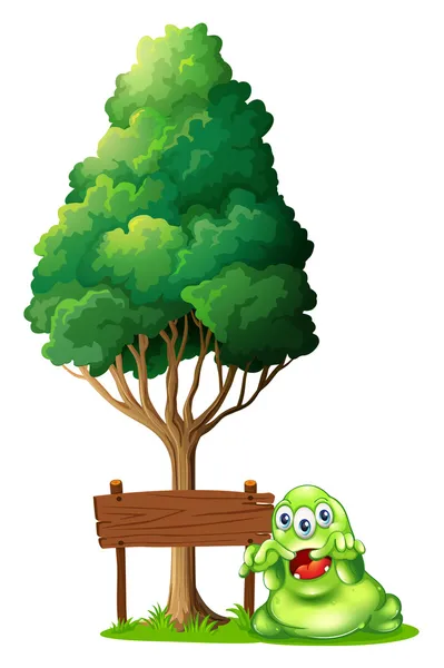 A monster and a signboard under the tree — Stock Vector