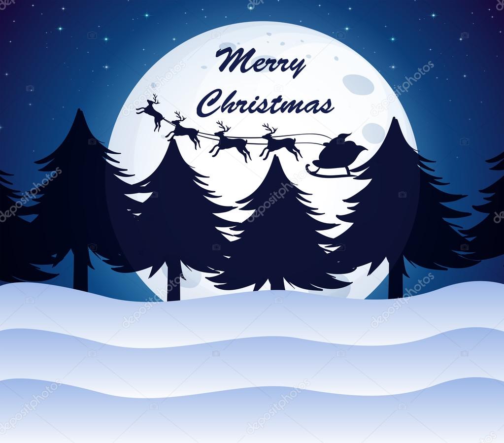 A christmas template with a moon, pine trees and reindeers on a