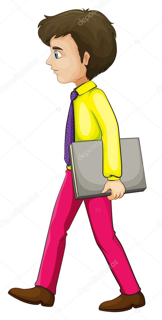 A businessman walking seriously while holding a binder