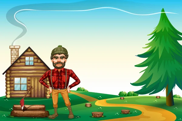 A lumberjack standing in front of the wooden farmhouse — Stock Vector